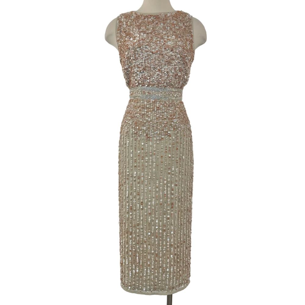 Mac Duggal Sequin Sleeveless Sheath Midi Cocktail Dress in Beige Rose Gold 8